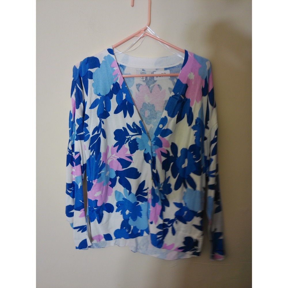 Croft & Barrow Cardigan Womens Medium Blue Pink Floral V-Neck Button Front Soft